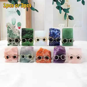Random Color Natural Crystal Gemstone Pet Figurines with Glasses, 1/3/5 Counts DIY Handmade Crystal Carving Fengshui Sculptures, Pet Memorial Ornaments, Home Garden Decor Natural Crystal Set, Crystal Unique Pieces