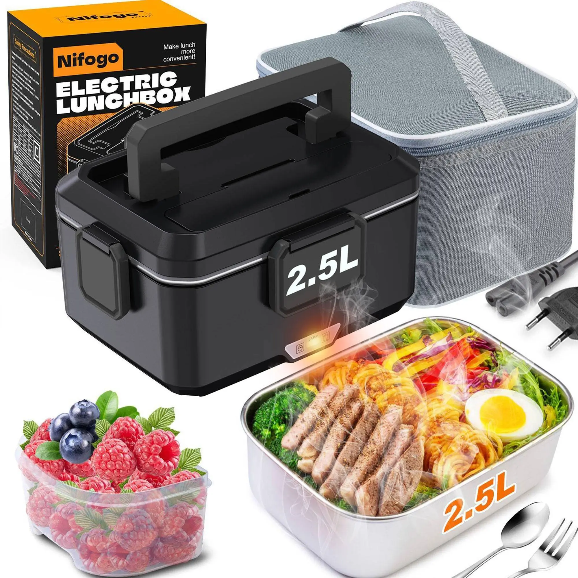 304 Stainless Steel Portable Electric Lunch Box Nifogo 1.8L 110V12V24V Multi Voltage Fast Heating Insulated Leakproof With Storage Bag Tableware