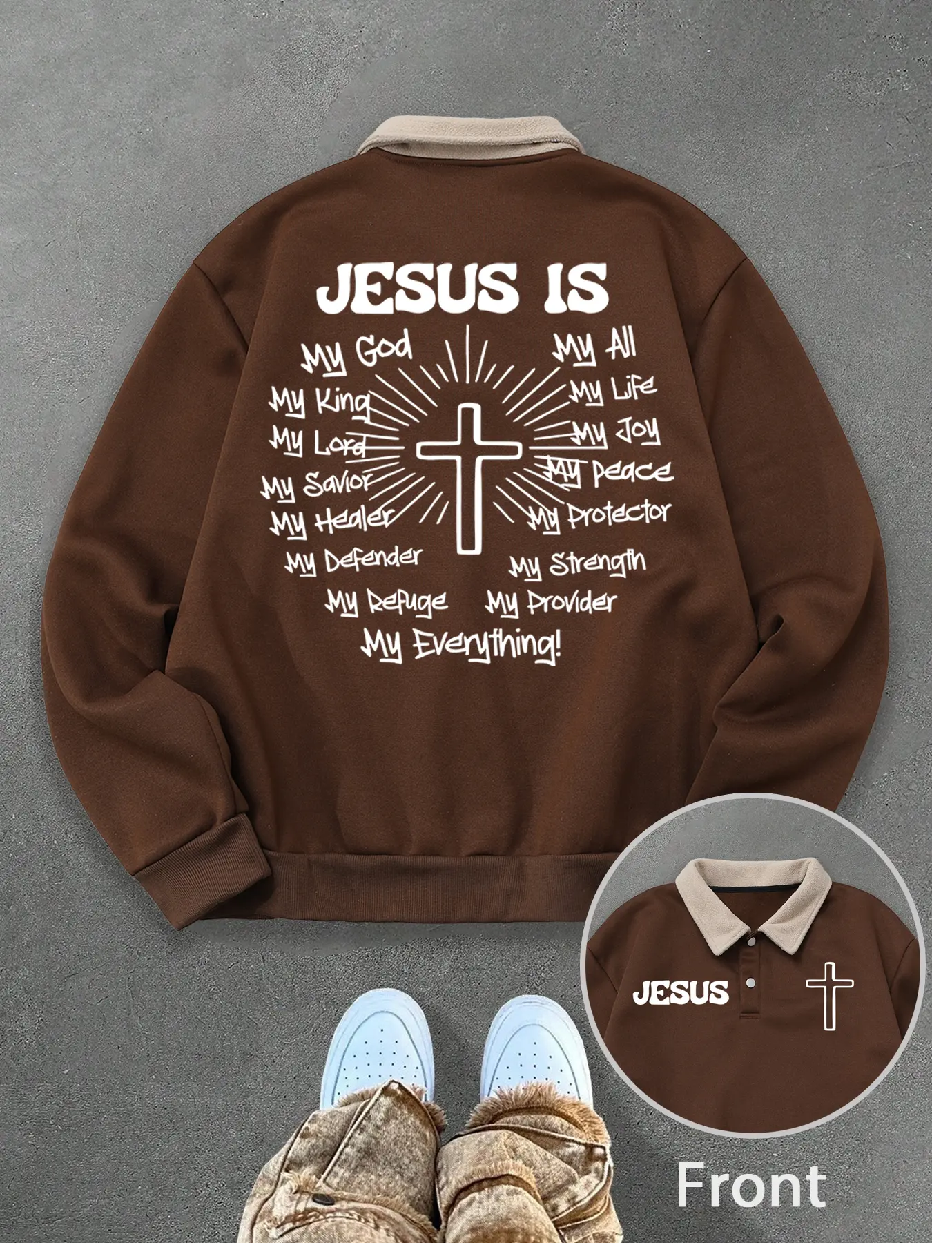 Unisex Y2K Retro Vintage Jesus Is My Everything Thickened Sherpa Long Sleeve Polo Faith Sweatshirt, Fall and Winter Casual Streetwear, Fitted Cozy Stylish Aesthetic Fashion Tops