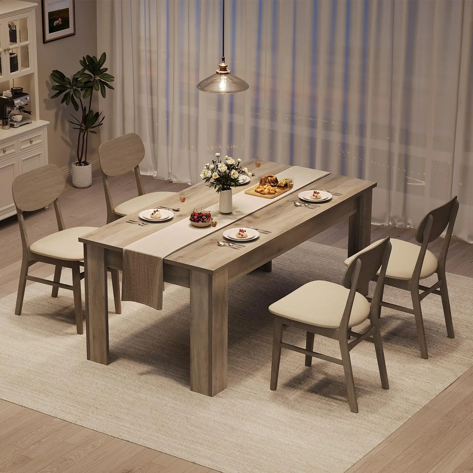 YJ-Garvee 63" Modern Farmhouse Wood Dinner Table - 1pc Spacious Size Rectangular Shape Dining Room Furniture, Grey Indoor Piece for 4-6 People in Apartment Kitchen, Supports 300lbs, Modern Farmhouse Tables