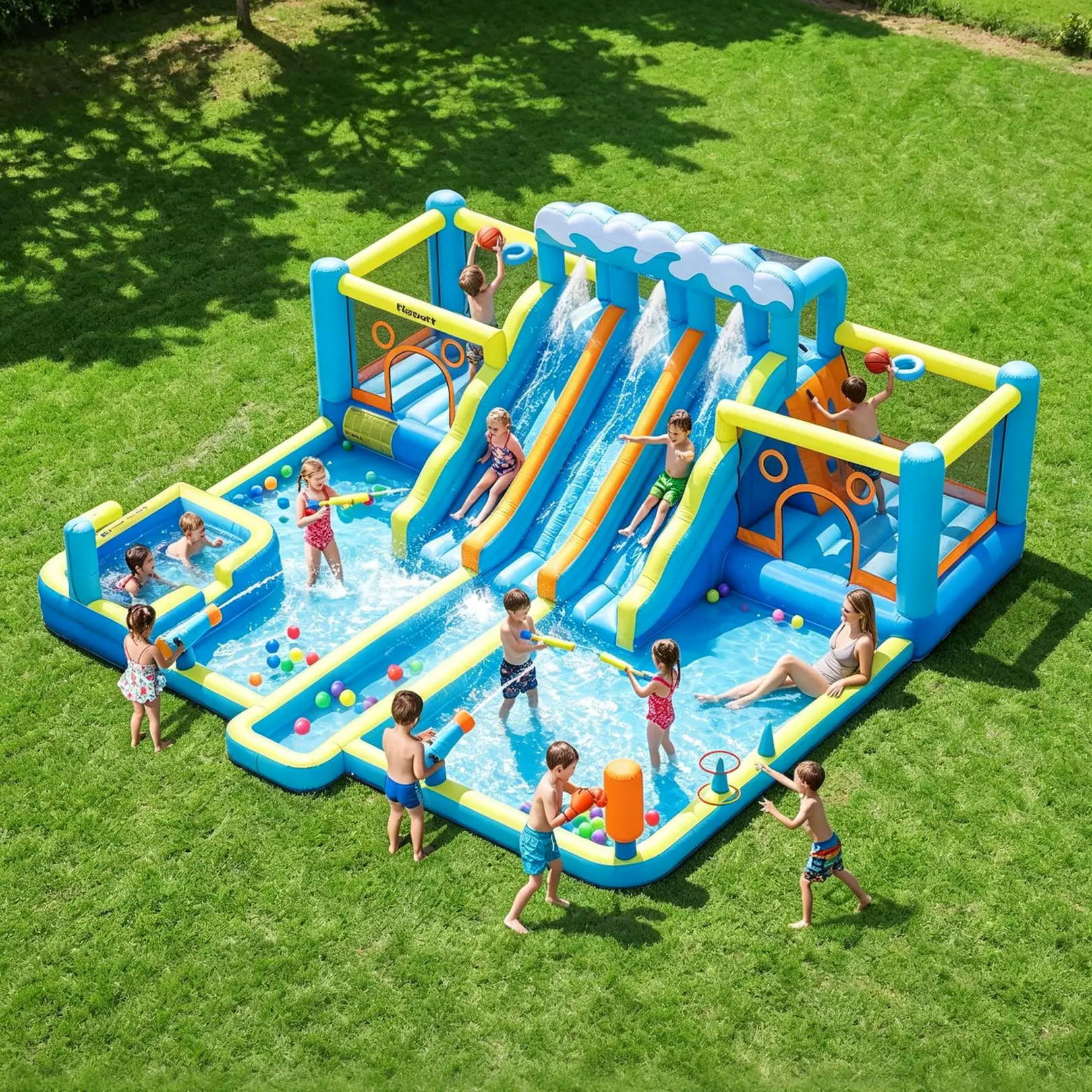 FBSPORT Inflatable Bounce House Water Slide, 3 Slides & 2 Bouncers 10-in-1 Water Slide Park Bounce House with 950W Blower, Bouncy Castle for Kids Backyard Party Outdoor, with Water Gun, Splash Pool