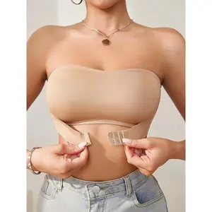 Women's High-Support Strapless Bandeau Bra - Front Clasp, Non-Slip, Invisible Shoulder Straps, Nylon & Elastane, Seamless, Breathable Fabric for Casual Attire, Breathable Intimate Apparel | Seamless Undergarment | Knitted Texture Womenswear Comfort