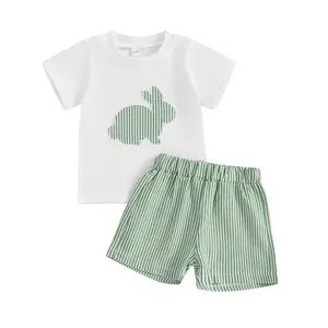 Baby Toddler Boy Easter Outfit Bunny/Carrot Truck Short Sleeve T-shirt Striped/Plaid Shorts 2 Piece Outfit