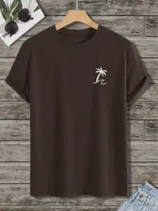 Beach Summer Vacation Street Style Simple Coconut Tree Print T-Shirt, Unisex Casual Short Sleeve, Trendy Coastal Fashion Top