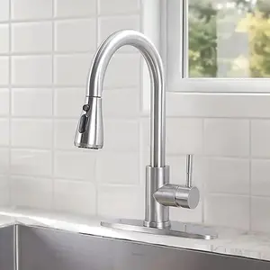 with pull down spray High Arc Design – Commercial Grade Brushed Nickel S.S  for Home and RV Sinks Easy Use – Easy Installation kitchen faucet