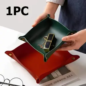1pc Leather Storage Tray Dice Box Coin Desktop Jewelry Box Makeup Key Tray DIY Household Folding Tray Storage Case