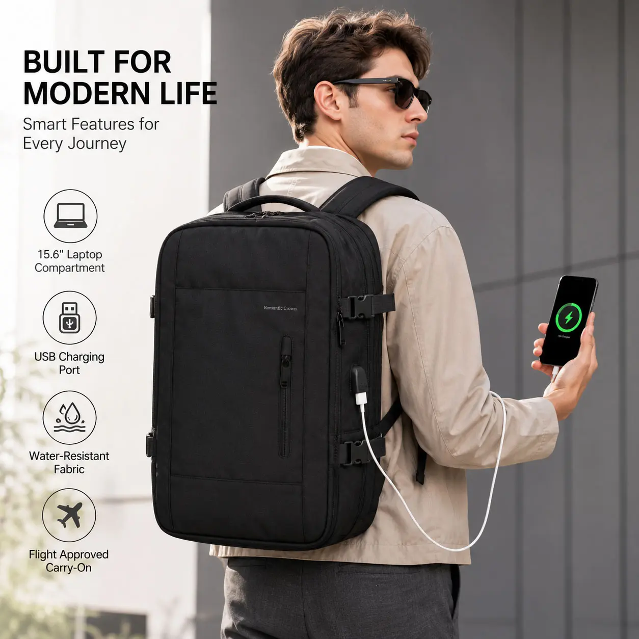 Expandable Travel Backpack, Carry On Backpack, 15.6 Inch Laptop Compatible, External USB Charging Port, Airplane Approved, 22L, Water Resistant, Side Zip Expandable, Trolley Sleeve, for Men, Black, Business Work Travel, backtoschool