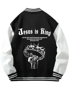 Men's Fall Winter Retro Jacket Coat, Long Sleeve, Dual-Sided Print Design, Casual Loose-Fitting Outerwear, Pocket Detail, Block Baseball Vest