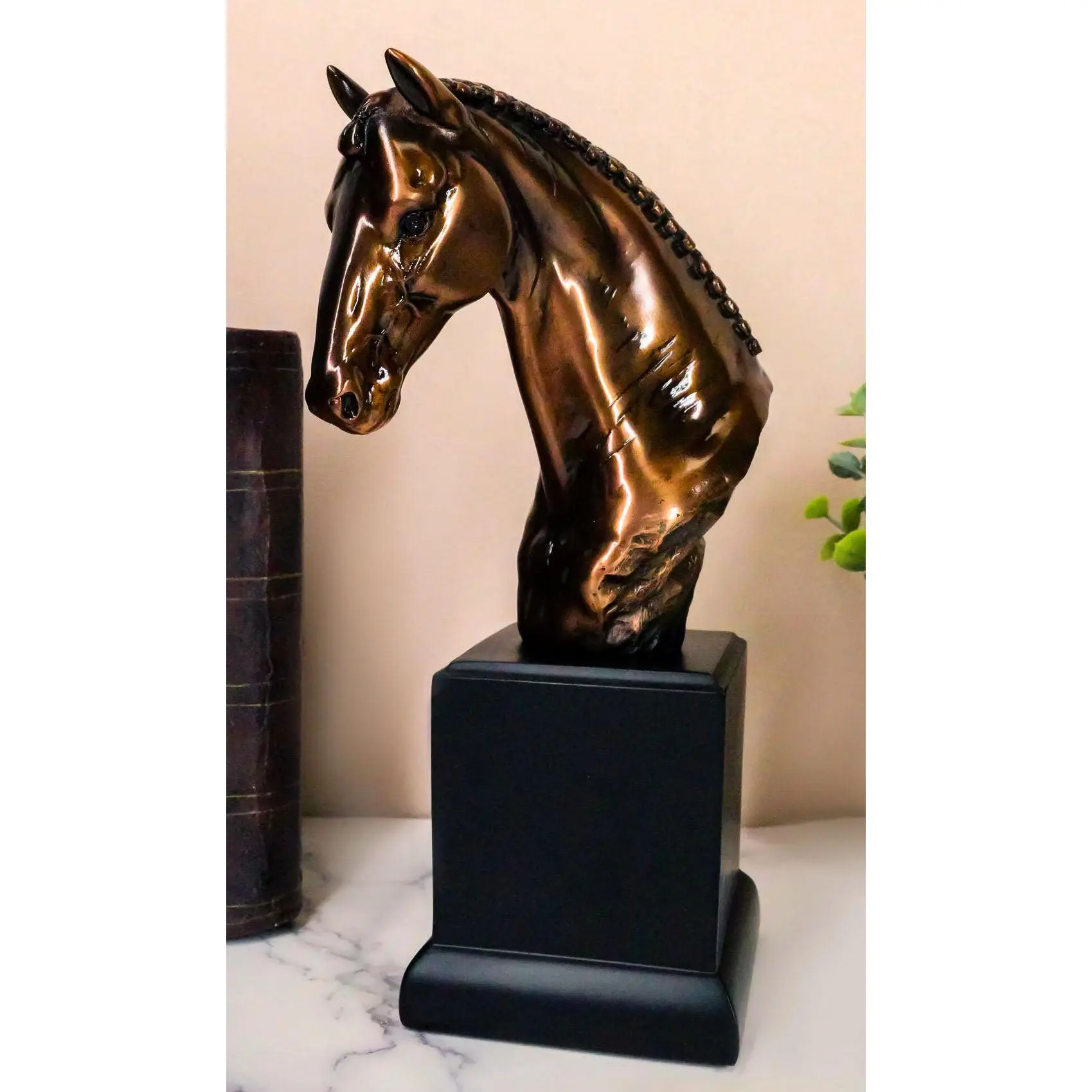 Wooden Resin Bronze Collectible Rustic Western Braided Mane Horse Stallion Head Bust Sculpture - 9"H Home Room Decor Figurine With Base