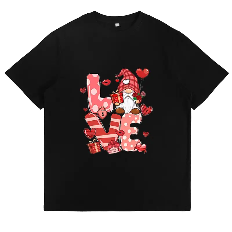 Love Gnome Valentine Graphic Tee Cute Heart Print T-Shirt Romantic Valentine Aesthetic Casual Daily Wear Trendy Gift for Her Date Outfit