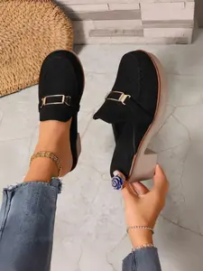 Women's Retro Vintage British Style Metal Buckle Bunion Shoes, Thick Sole Chunky Heel Slip-On Mules, Fall Winter Versatile Casual Footwear