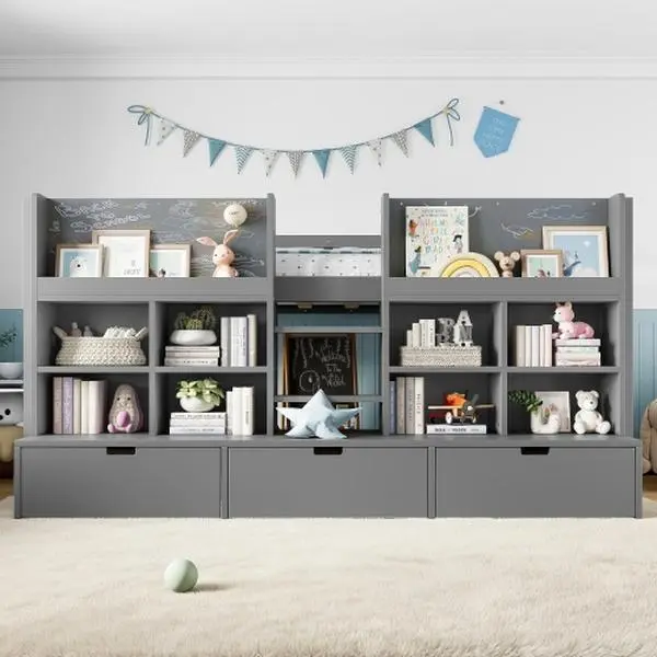 Bellemave   Loft Bed with Multi-storage Shelves and Storage, Low Loft Bed with Curtain under the Bed and Chalkboard, No Box Spring Needed