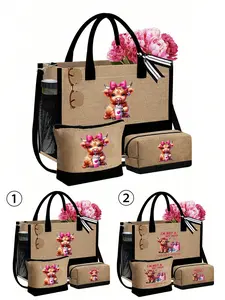 Adorable Highland Cow Theme Bag Set, Women's Tote Bags, Bow Leather Handbag, Patchwork Coin Purse, Large Capacity Shoulder Bag