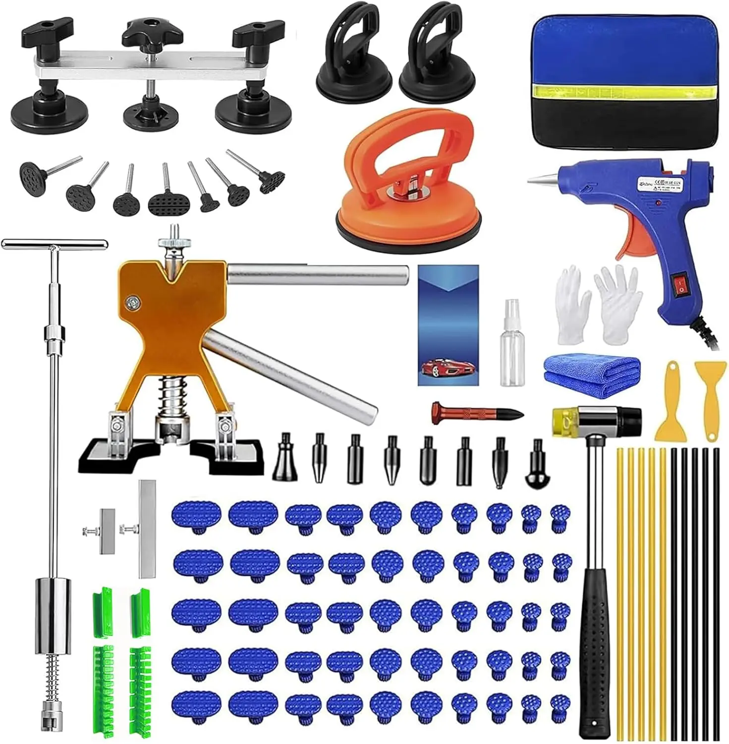 97 count Dent Puller Kit,  Dent Puller for Dent Removal, Paintless Dent Removal Kit with Golden Lifter, Bridge Puller, Slide Hammer T-Bar, Dent Remover Tool for  Refrigerator Door Ding Repair