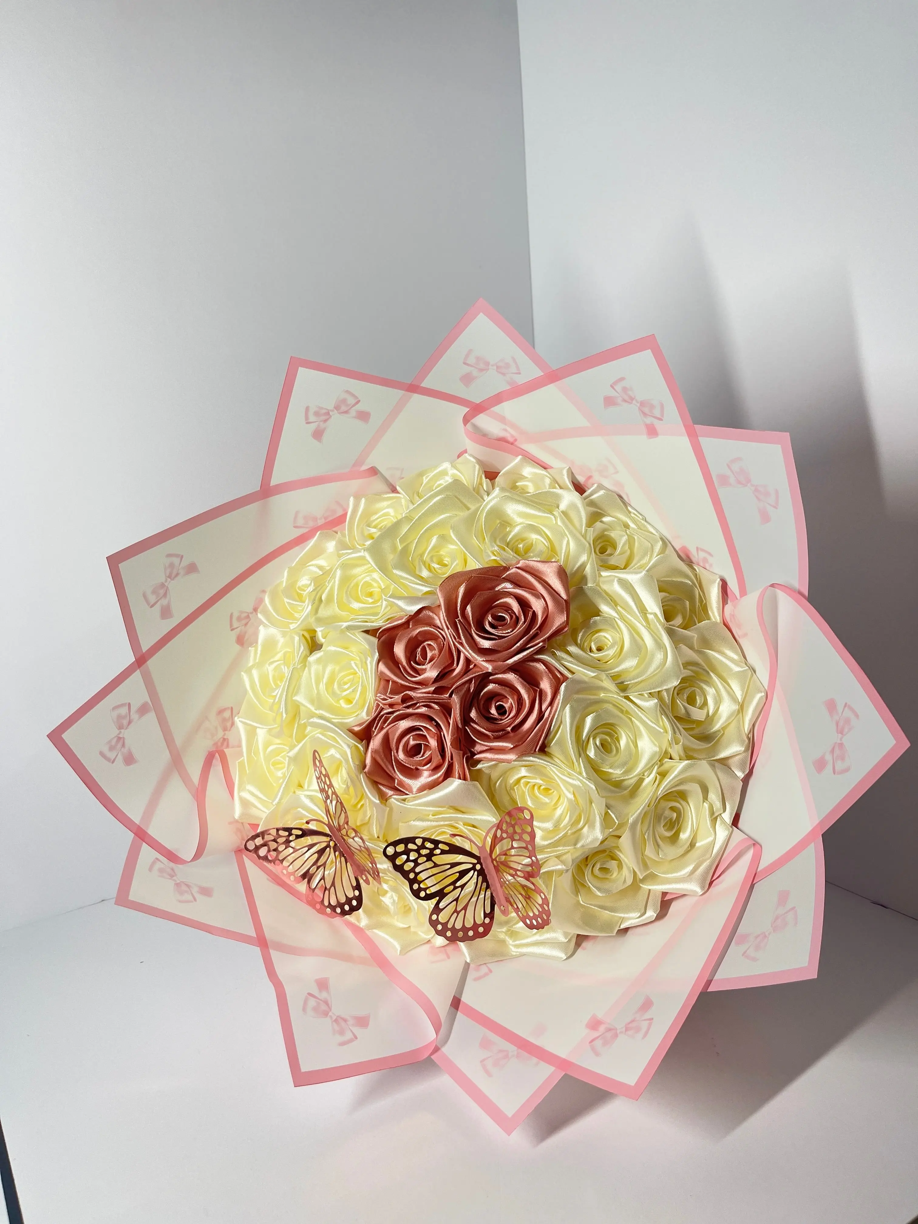 Eternal Rose Satin Ribbon Bouquet - Cream & Rose Gold with Butterflies Decorative Artificial Flower Gift