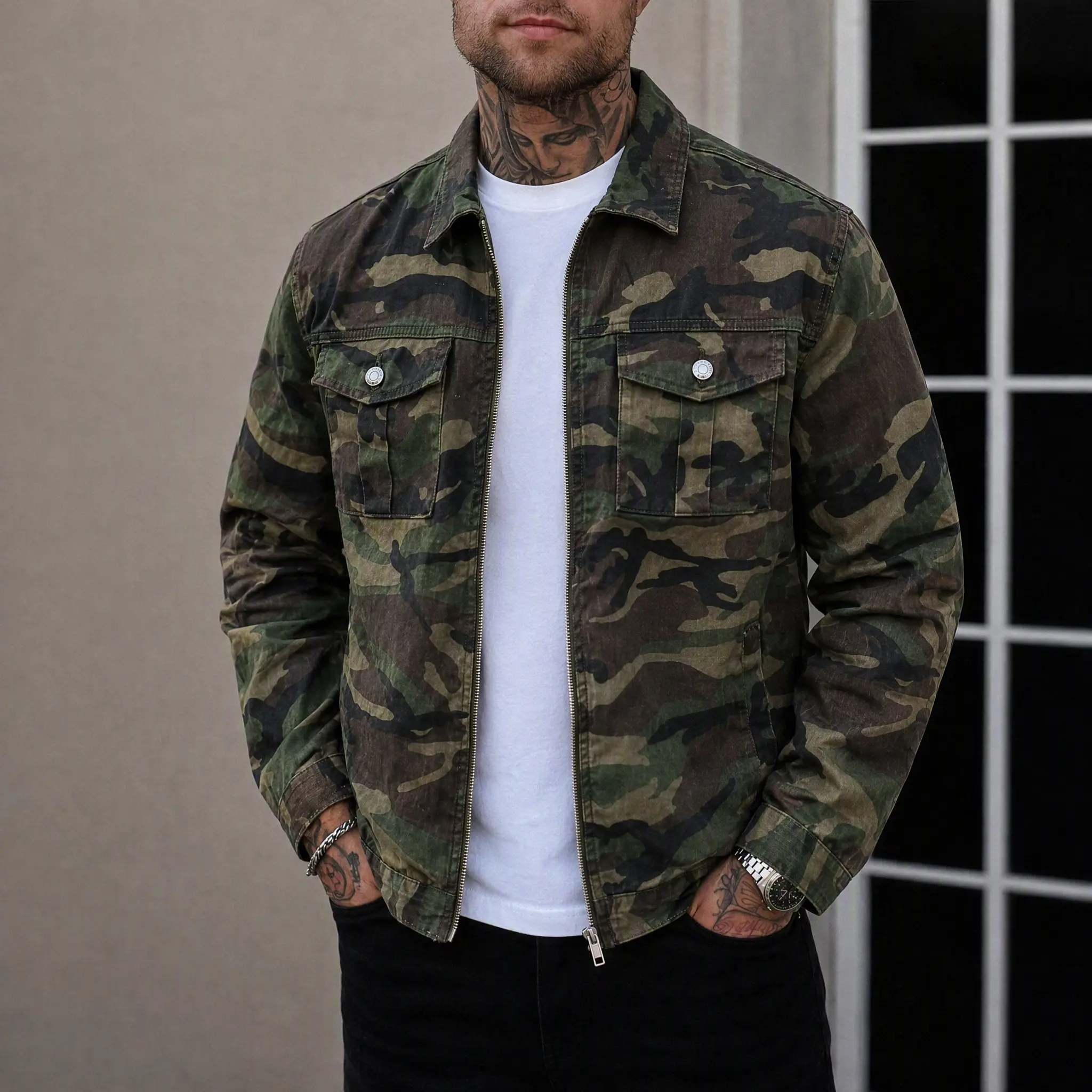 Men's Camouflage Jacket Military Style Camo Print Zip Up Jacket with Long Sleeve and Chest Pockets Casual Streetwear Outerwear Fashion Coat for Outdoor Work Daily Wear Trendy Hip Hop Clothing