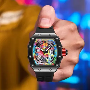 High-end Colored Hip Hop Dial  PINTIME Watch for Men Silicone Strap Stainless Steel Case Fashion Waterproof Quartz Wristwatch