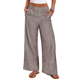 ANRABESS Womens Gingham Pants Plaid Checkered Striped Boxer Wide Leg Palazzo Lounge PJ Bottoms Trousers with Pockets