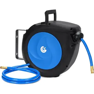 Air Hose Reel Retractable: 50ft x 3/8in Hybrid Polymer Hose Reel|Air Compressor Hose With 5in Lead in Brass Fittins | Wall Mount Reel 180?Swivel for arae Workshop Ceilin & Wall | Max 300 PSI,Blue