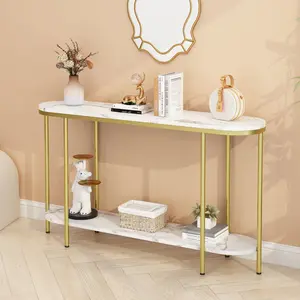 2-Tier Oval Console Table, 42.1" White Faux Marble Top with Gold Metal Frame, Narrow Sofa Table with Open Shelf for Entryway, Living Room, Hallway & Foyer, Modern Entryway Table for Living Room
