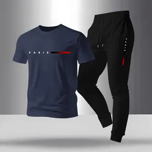 Men's Paris Letter print T-shirt and drawstring belt sweatpants two-piece set, regular fit crew neck short-sleeved T-shirt and jogging pants, summer casual top and sweatpants.