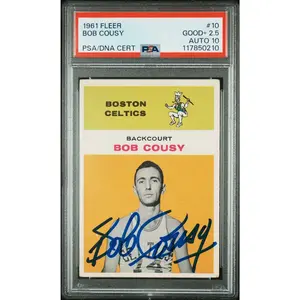 Fleer Bob Cousy 1961 Signed Basketball Card #10 Graded PSA 2.5 Auto 10 Cert # 117850210 Encapsulated Hall of Fame Guard Boston Celtics