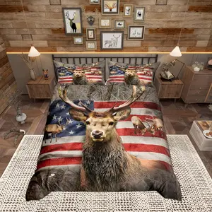 Feelyou Soft Rustic Modern Microfibre Duvet Cover Set - Multi-Size (Single, Queen), Breathable Polyester Bedding Set with Wild Deer Print, Tree Branch & American Flag Stars and Stripes Design, Machine Washable (No Comforter)