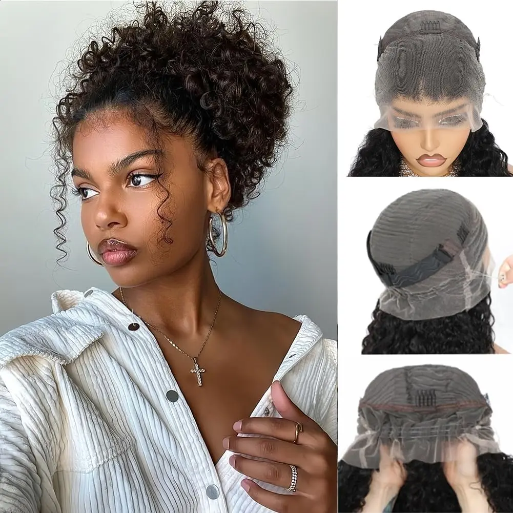GK Lace Frontal Wigs 360 Drawstring Wig Human Hair Pre Plucked Hidden Strap 360 Lace Front Wigs Human hair Water Wave 180% Density Curly Wet and Wavy HD 360 Human Hair Wig Full Lace