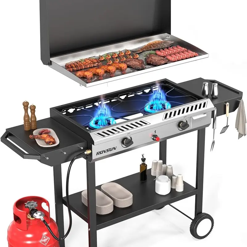 ROVSUN 2/3 Burner Outdoor Propane Gas Stove with Griddle, Auto-ignition, Regulator & Side Shelves, 150,000/225,000 BTU Powerful Stand Cooker for Backyard Cooking Home Brewing Canning Frying Grilling