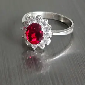 950 Silver Flower Shaped Ring with Red Zircon and Clear Zircon Elegant Design for Women Size 9.5