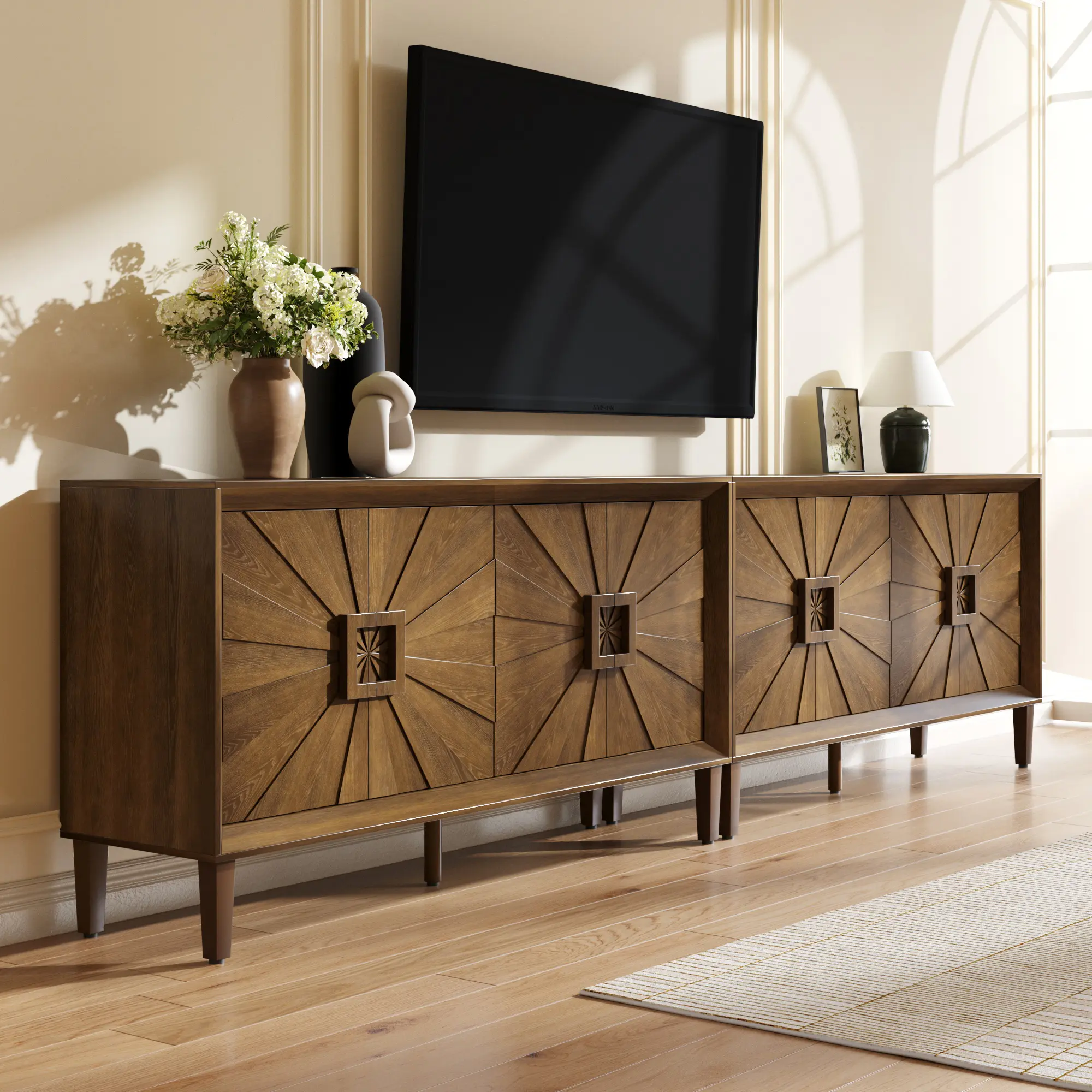 Sideboard Buffet Cabinet, 60" Large Accent Credenza Cabinet with Sunburst 4 Doors & Adjustable Shelf for Living Room, Rustic Brown Kitchen Buffet Table with Storage, TV Stand Media Console