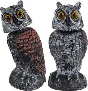 2 Pack Bird Scarecrow Fake Owl Decoy Sculpture, Rotating Head Plastic Owl Bird Deterrents, 10.6 Inch Height Nature Enemy Horned Pest Repellent for Outdoor Garden Yard