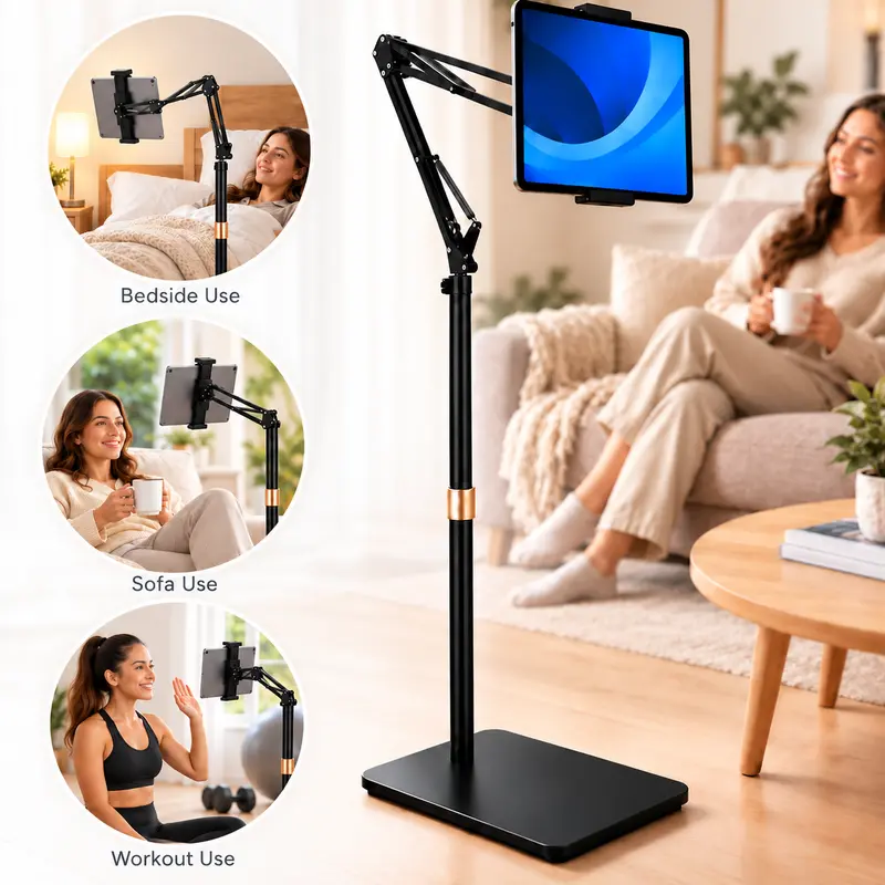 Tablet Floor Stand with Double Weight Base, Overhead Bed Phone Mount Height Adjustable Arm Stretchable Stand Holder, Suitable for 4.7''-11'' iPad Mini Air Pro, Galaxy Tab, Kindle, Switch, Cell Phones