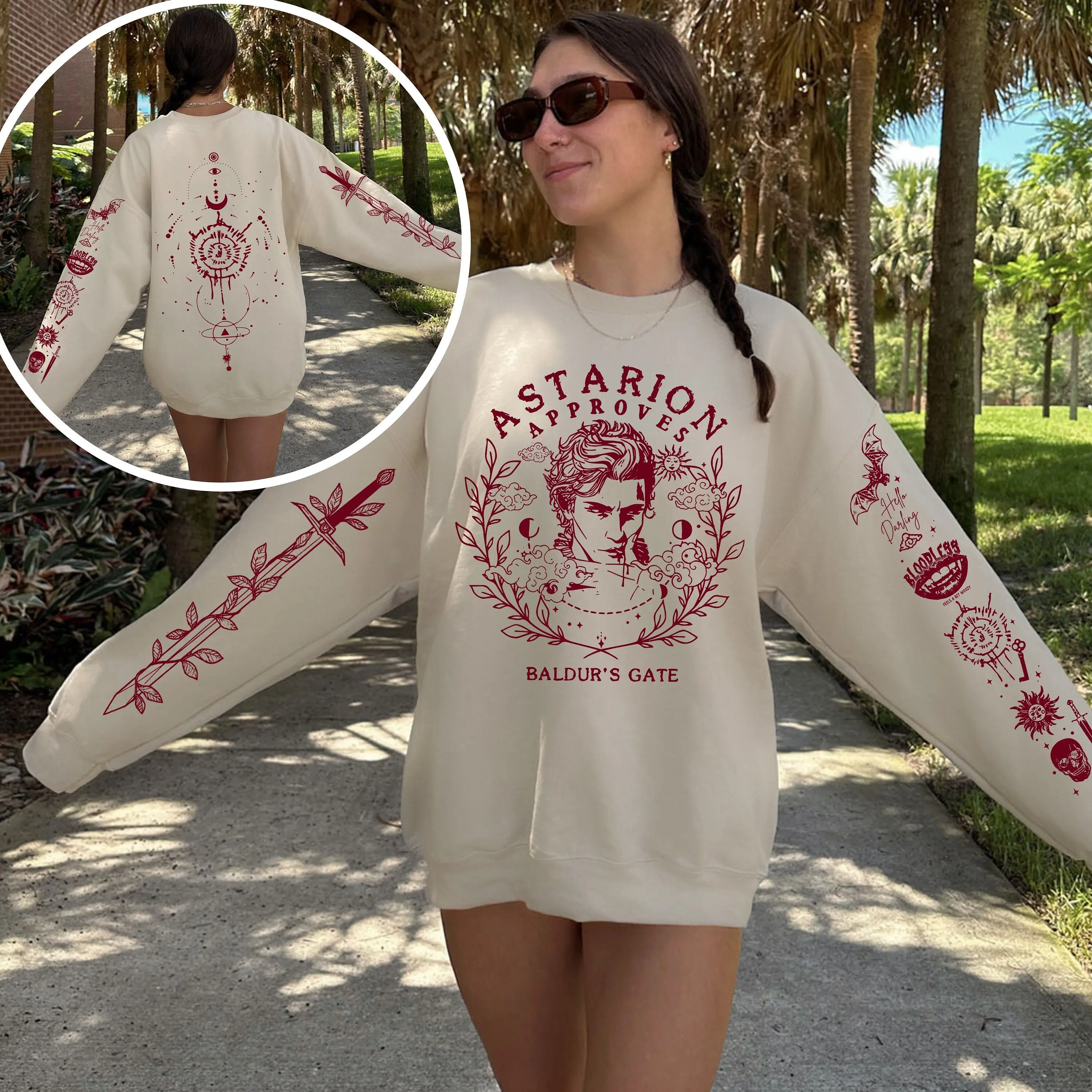 4 sided Astarion Sweatshirt, Baldurs Gate Sweatshirt with sleeve print, BG3 sweatshirt print on back, Bloodless feels a bit woozy ATT809 5-12 2