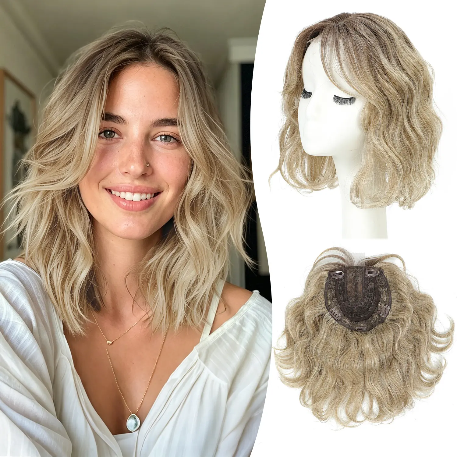 Ms Taj Female Synthetic Short Wavy Bob Cut Hair Topper, 11in Volume Booster Wiglet with Snap Clips for Thinning Hair, 6.5"x6.5" Base Half Wig with Side Bangs for Daily Use, Wedding, Shopping, Concerts, Wavy Texture, Synthetic Half Wig, Gentle Side Bangs,,