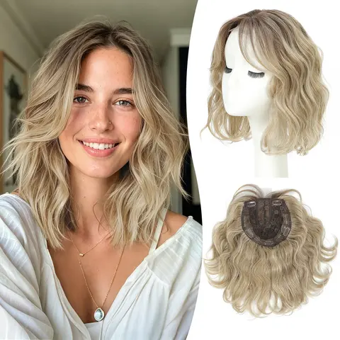 Women's Ms Taj Synthetic Short Wavy Bob Hair Topper - 11in Volume Booster Wiglet, 6.5"x6.5" Base, Side Bangs, 5-Clip Steady Hold Snap Clips, Half Wig Style, Anti-Thinning Extensions, Daily Use, Wedding-Day Ready, Concerts