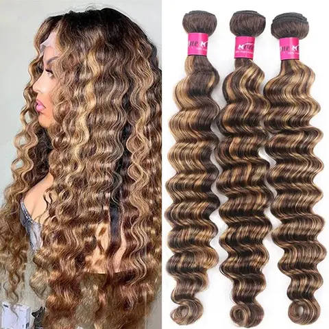 ONEMORE P4-27 Honey Blonde Brown Human Hair Bundles, Loose Deep Wave Weave Extensions for Quick Weave Applications