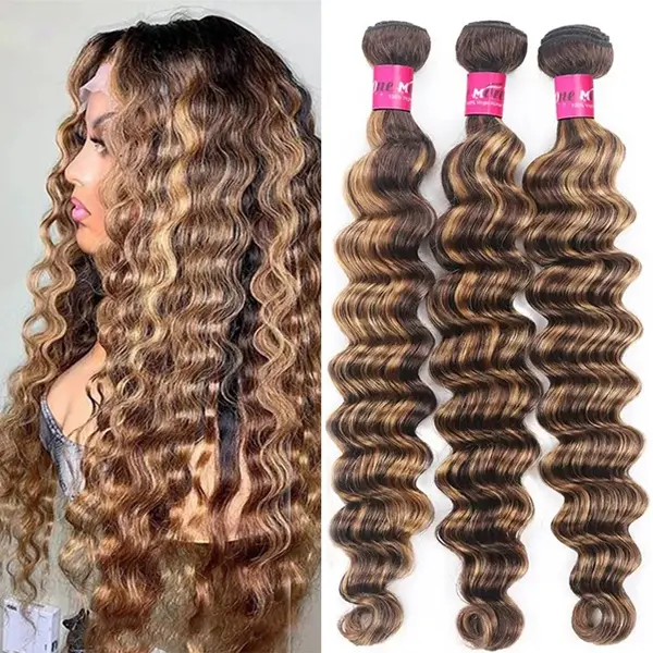 ONEMORE P4-27 Honey Blonde Brown Human Hair Bundles, Loose Deep Wave Weave Extensions for Quick Weave Applications