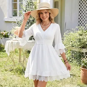 Chicovar Women's V-Neck 3/4 Flare Sleeve Lace Mini Dress, Empire Waist Smocked Ruched A-Line Dress with Pockets, Casual Summer Brunch Vacation Cocktail Party Dress, Summervibes