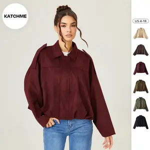 Women's Winter Vintage Solid Color Collared Zipper Long Sleeve Jacket, Cozy Versatile Oversize Outerwear, Fall & Winter Outfits, Epaulets Plain Cropped Jacket