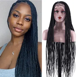 36 Inch Braided Wigs For Black Women Extremely Long Box Braid Wig Full Double Lace Square Based Micro Box Synthetic Braids Wig Pre Plucked With Baby Hair 360° HD Full Lace Knotless Braided Wigs