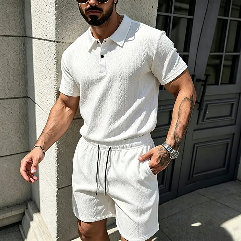 Men's 2-Piece Solid-Color Textured Casual Set, Jacquard Turn-Down Collar Polo Shirt, Premium Easy-Wear Outfit for Everyday Outings, Summer Menswear