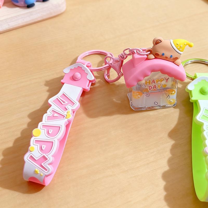 Pink "Happy Day" Bear House Liquid Keychain Cute Cartoon Bear Pendant Glitter Floating House Keychain Trendy HAPPY Strap Bag/Key Fashion Accessory