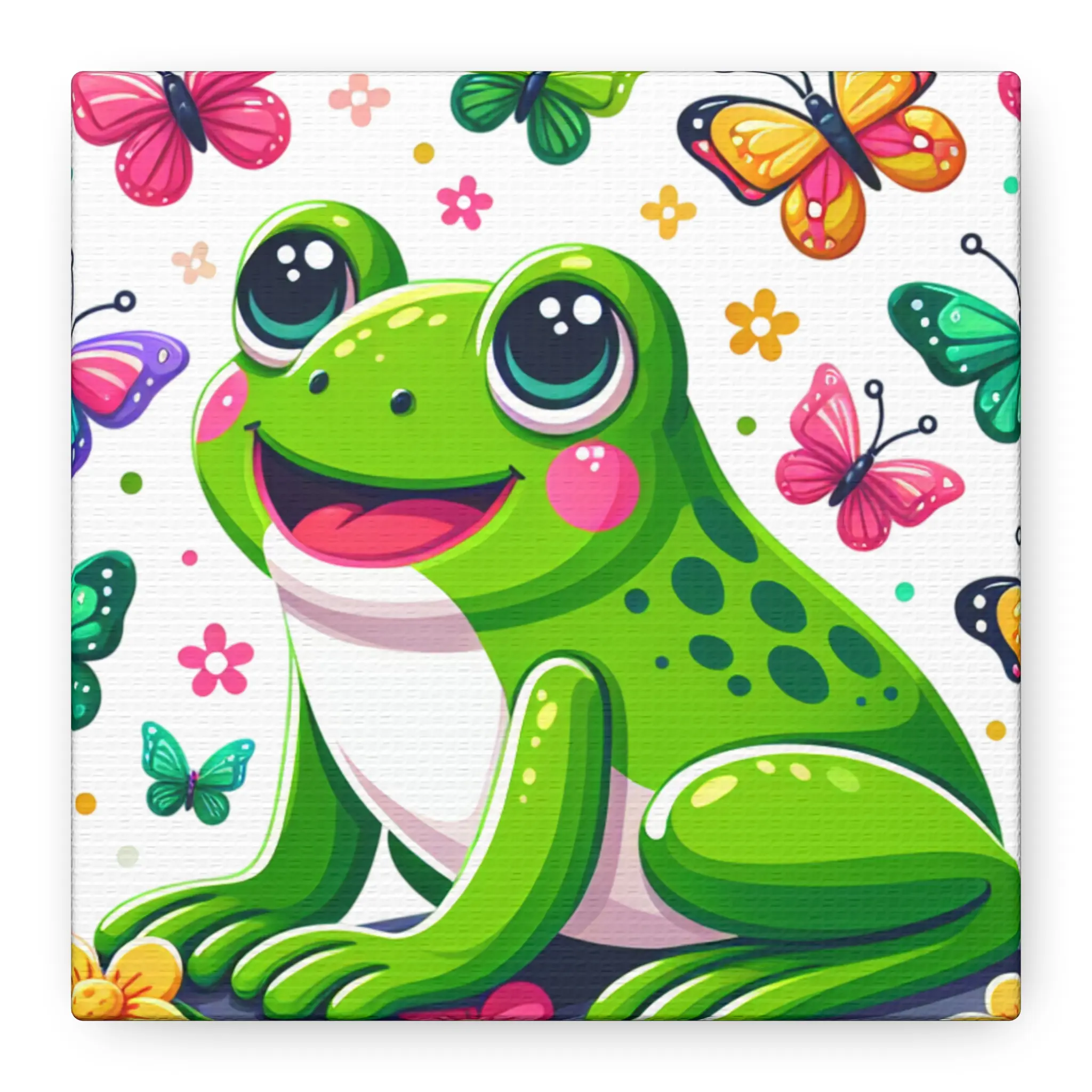 Cheerful Frog Canvas Art Print - Cute Nursery Decor, Animal Wall Art, Spring Home Decoration, Kids Room Artwork, Colorful Poster, Nature Ornaments Flower Photo Artistic 6" X 6"