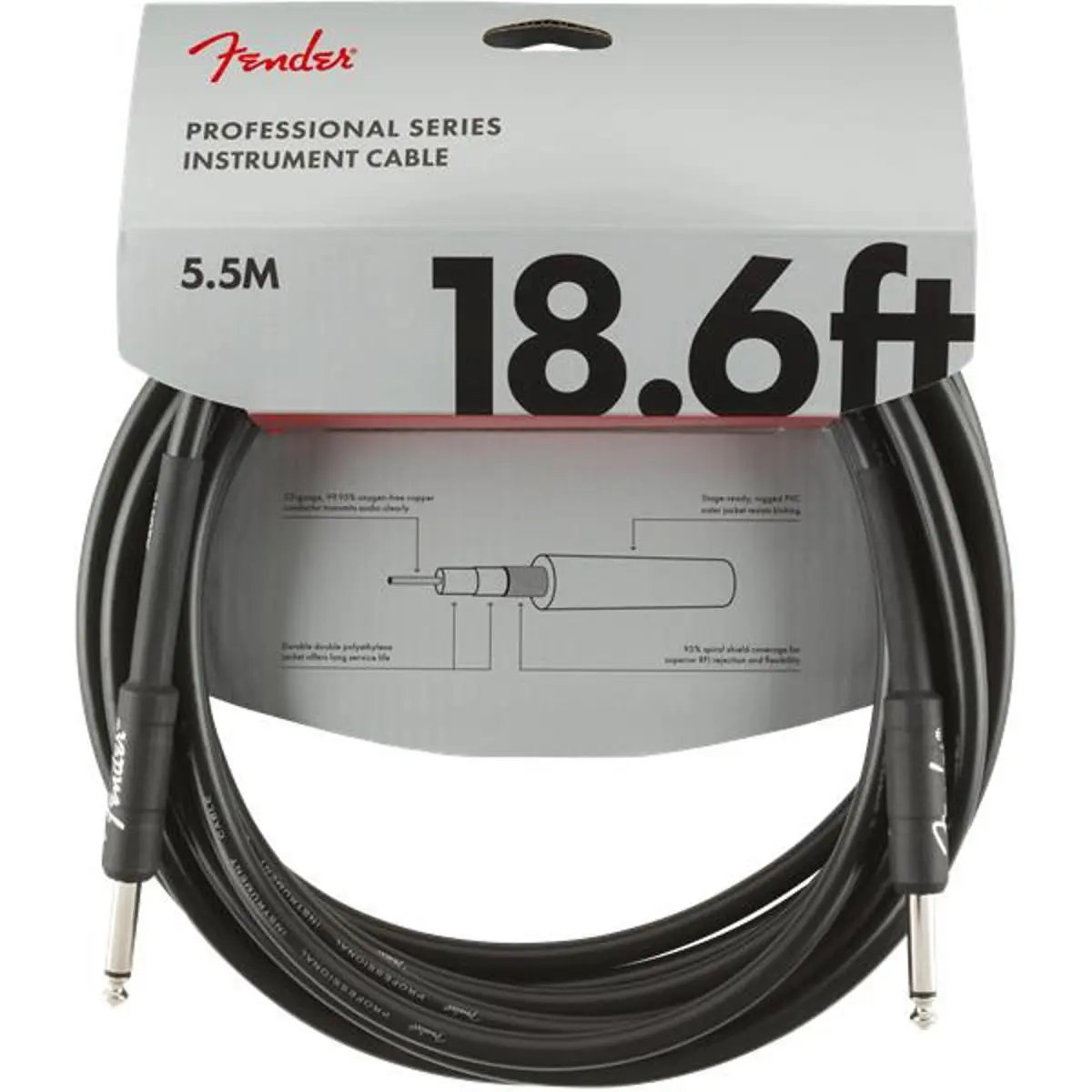 Fender Pro Series Thick Gauge Instrument Cable, 18.6ft Straight/Straight, Black Audio Cable for Musical Instruments