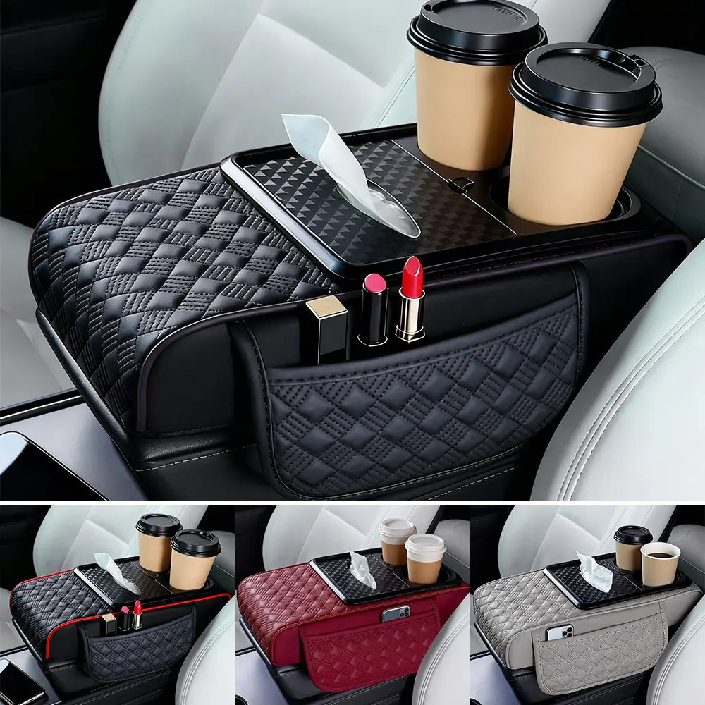 Car Center Console Armrest Pillow Organizer, Memory Foam Console Cover with 2 Cup Holders, Tissue Box and Phone Slots, Water-Resistant PU Leather Cushion, 14 x 8 x 3 in Clutter-Free Driving
