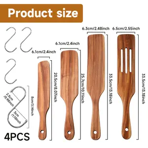 4Pcs Premium Acacia Wood Spatula Set - Non-Stick Cooking Utensils with Slotted Turner & Spurtles - Natural Wooden Kitchen Tools with 4 S-Hooks for Hanging