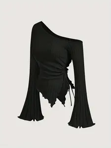 Women's Irregular Shoulder Casual Plus Size T-Shirt, Spring Summer Fall Fashion, Comfortable Ladies Top for Daily Wear