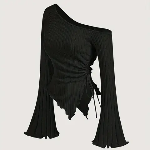 Women's Irregular Shoulder Casual Plus Size Fit Knit T-Shirt, Knitwear, Spring Summer Fall Fashion, Comfortable Ladies Top for Daily Wear, Trendy Top