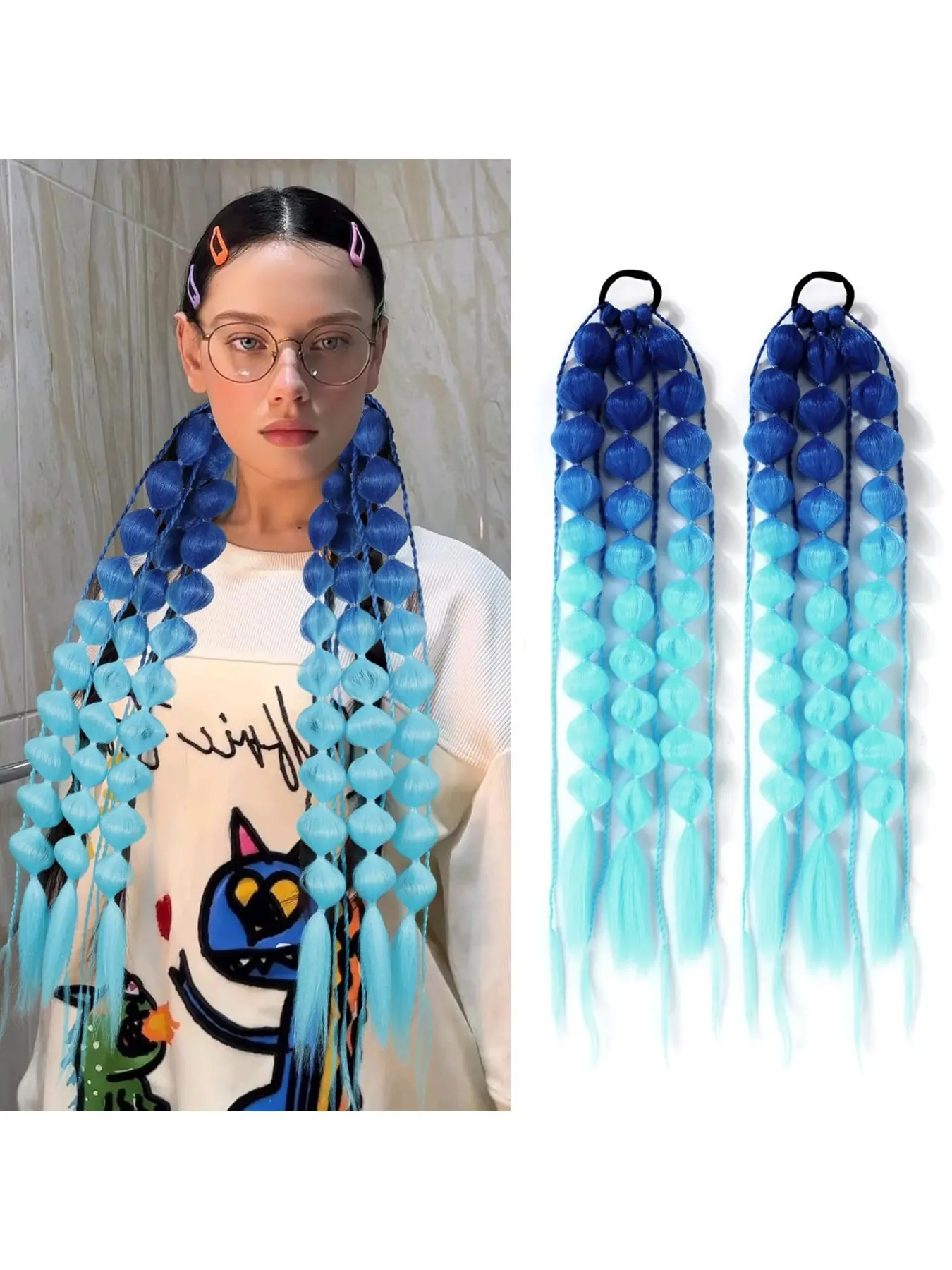 Colorful Synthetic Bubble Ponytail Braid, 24 Inch Lightweight Braided Hair Extensions, Festival Party Accessory for Girls Crazy Hairstyles, Synthetic Hair Piece, Synthetic Clip Hairpiece, Synthetic Ponytail Hairpieces
